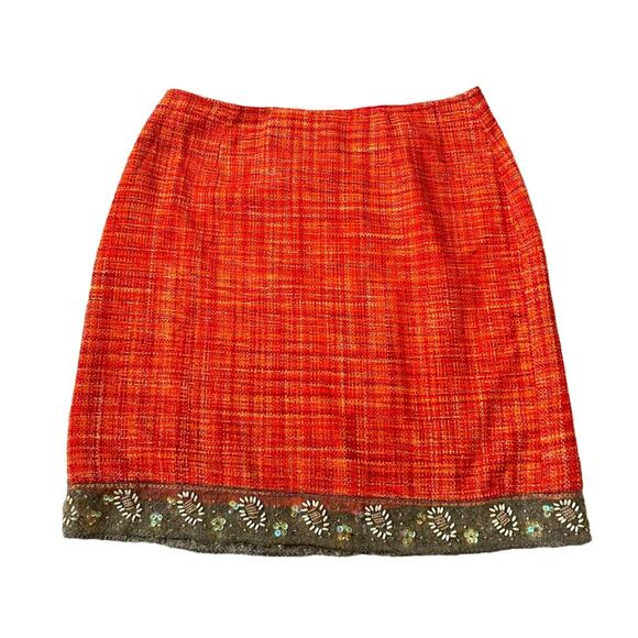 Josephine Chaus Dresses & Skirts - Josephine Chaus Medium Orange Tweed-Style Skirt with Embroidered Floral Hem